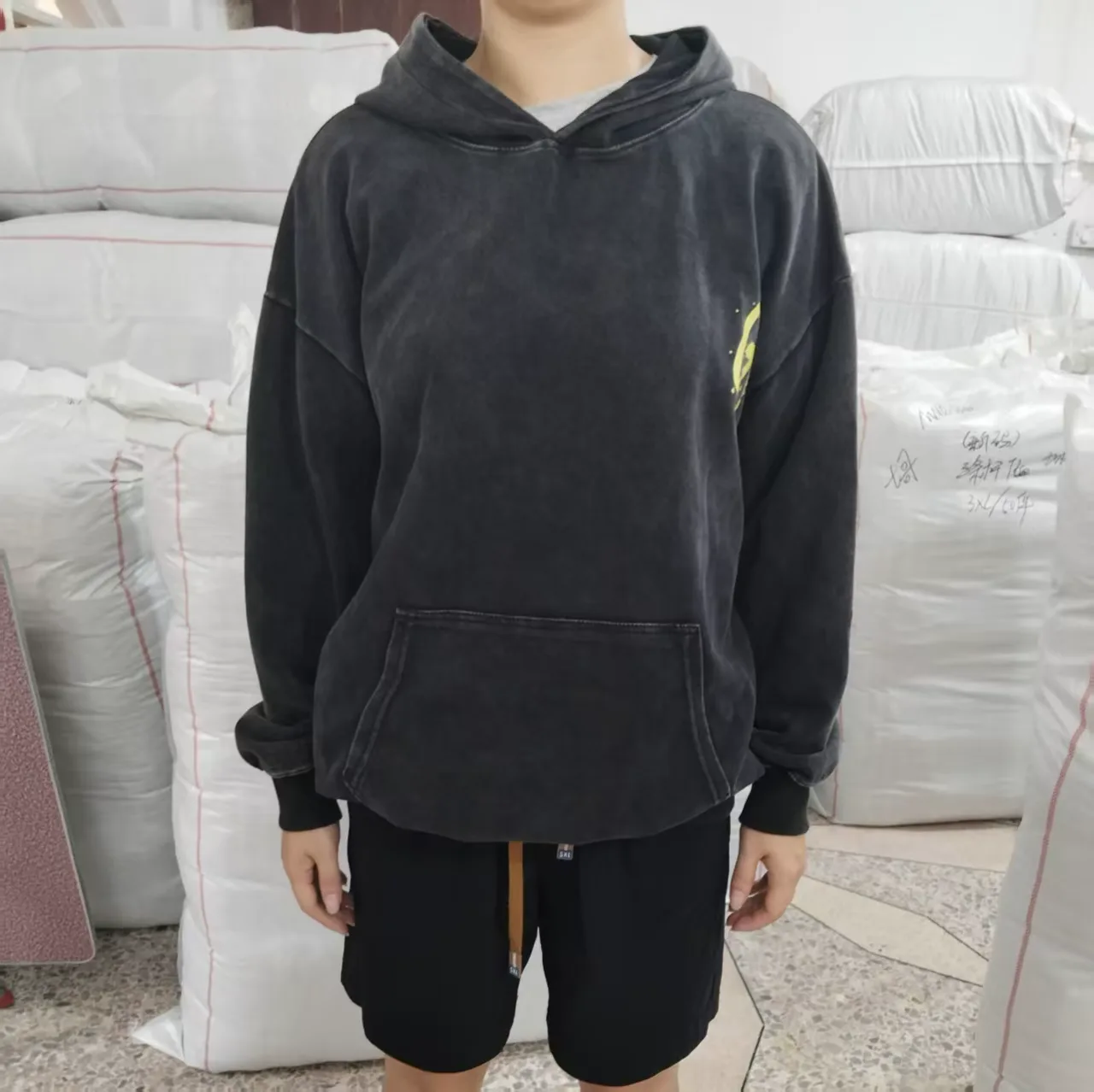 Front view of the 320gsm washed cotton hoodie sample for the South Korean client