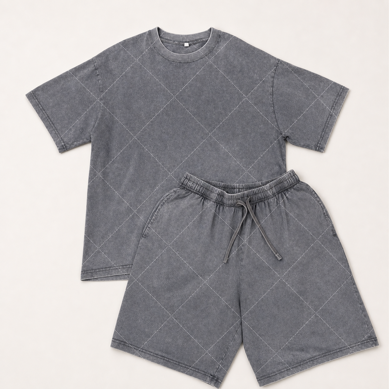 Charcoal washed diamond-stitch T-shirt and shorts set