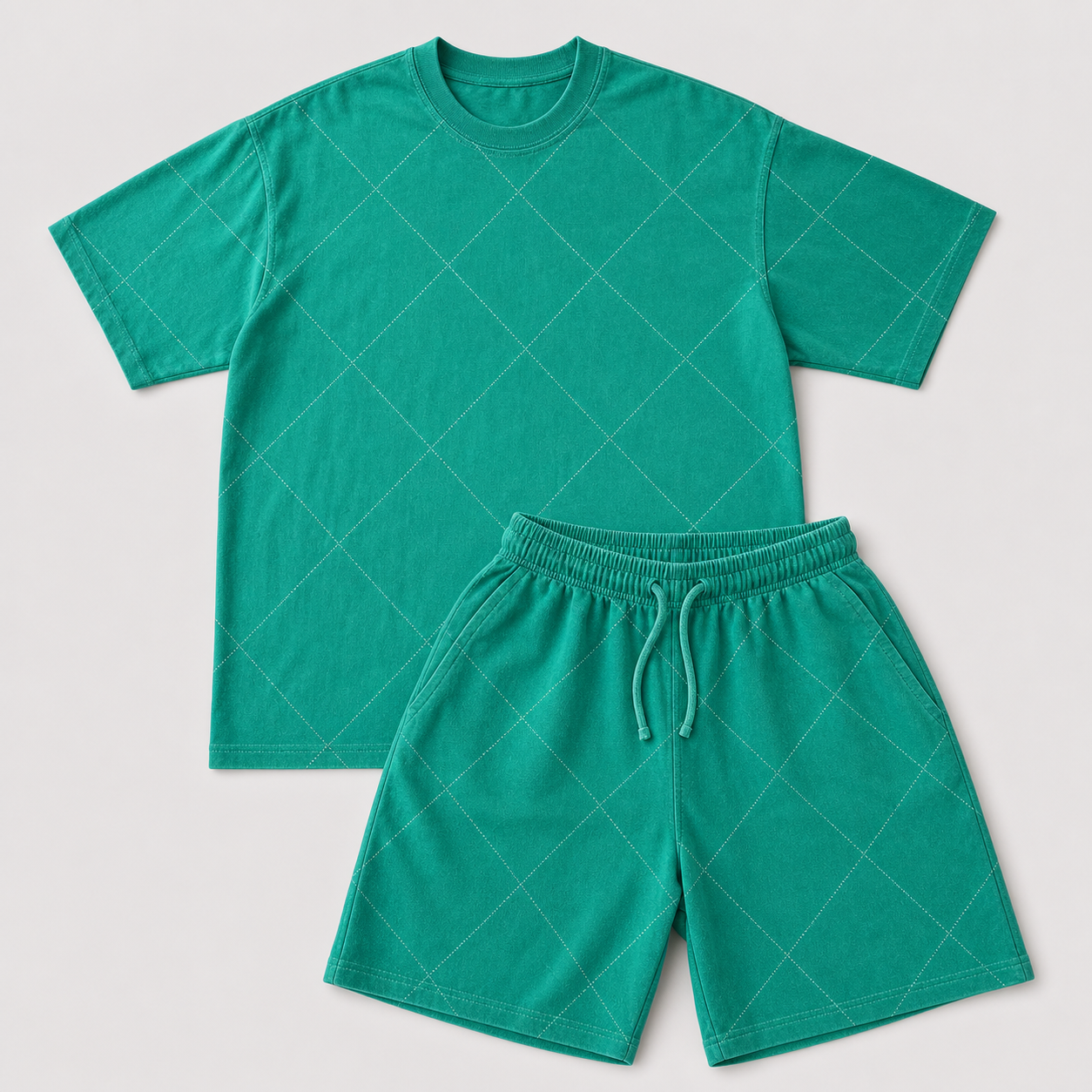 Emerald washed diamond-stitch T-shirt and shorts set