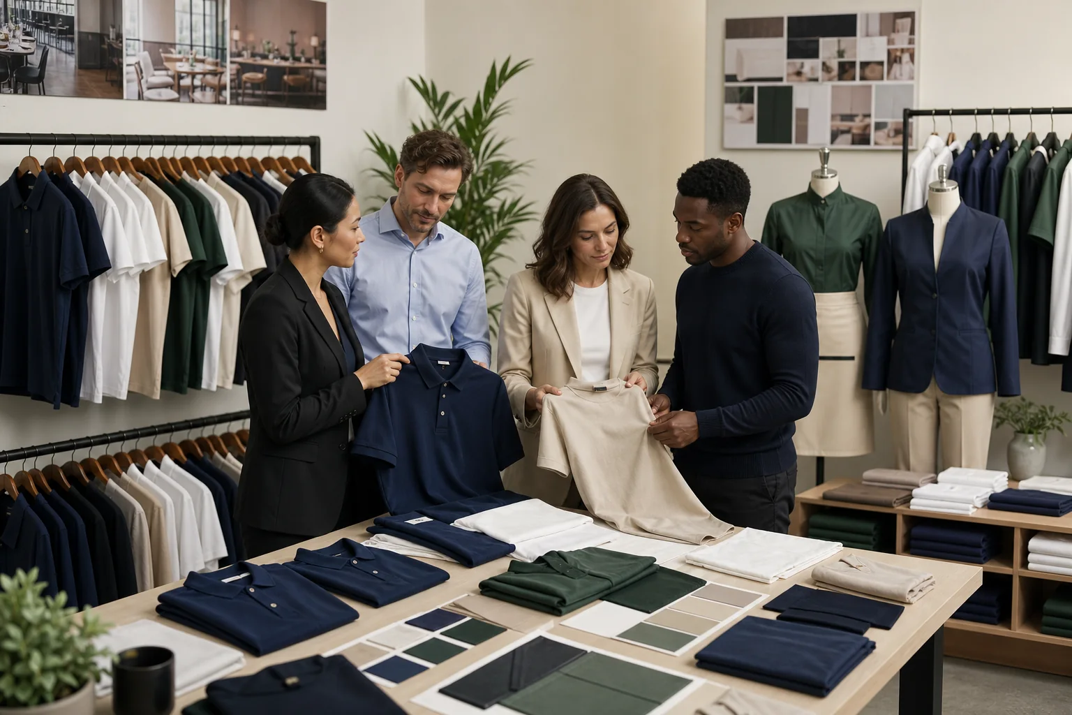 Corporate Uniform T-Shirt Supplier buyers reviewing T-shirt styles, colors and decoration