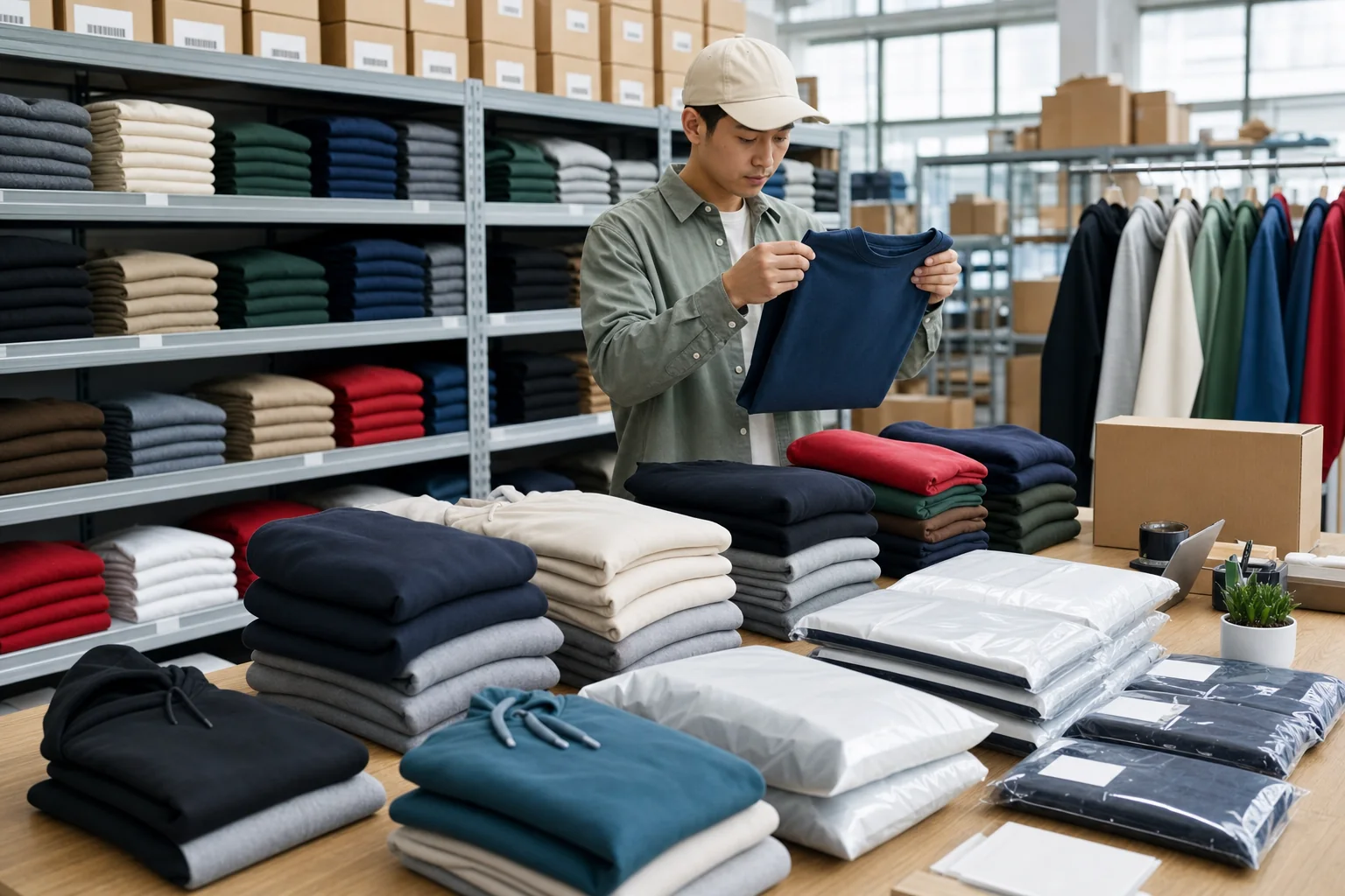 Amazon Brand Clothing Manufacturer buyers reviewing T-shirt styles, colors and decoration