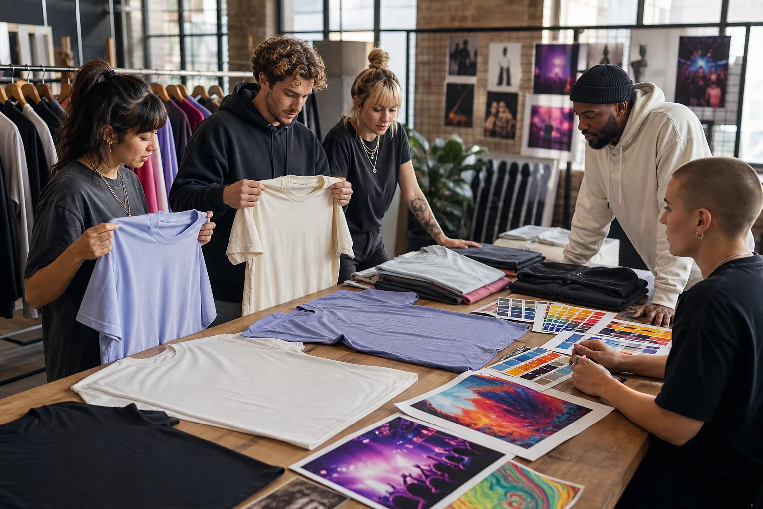 Music Festival Merch Supplier buyers reviewing T-shirt styles, colors and decoration