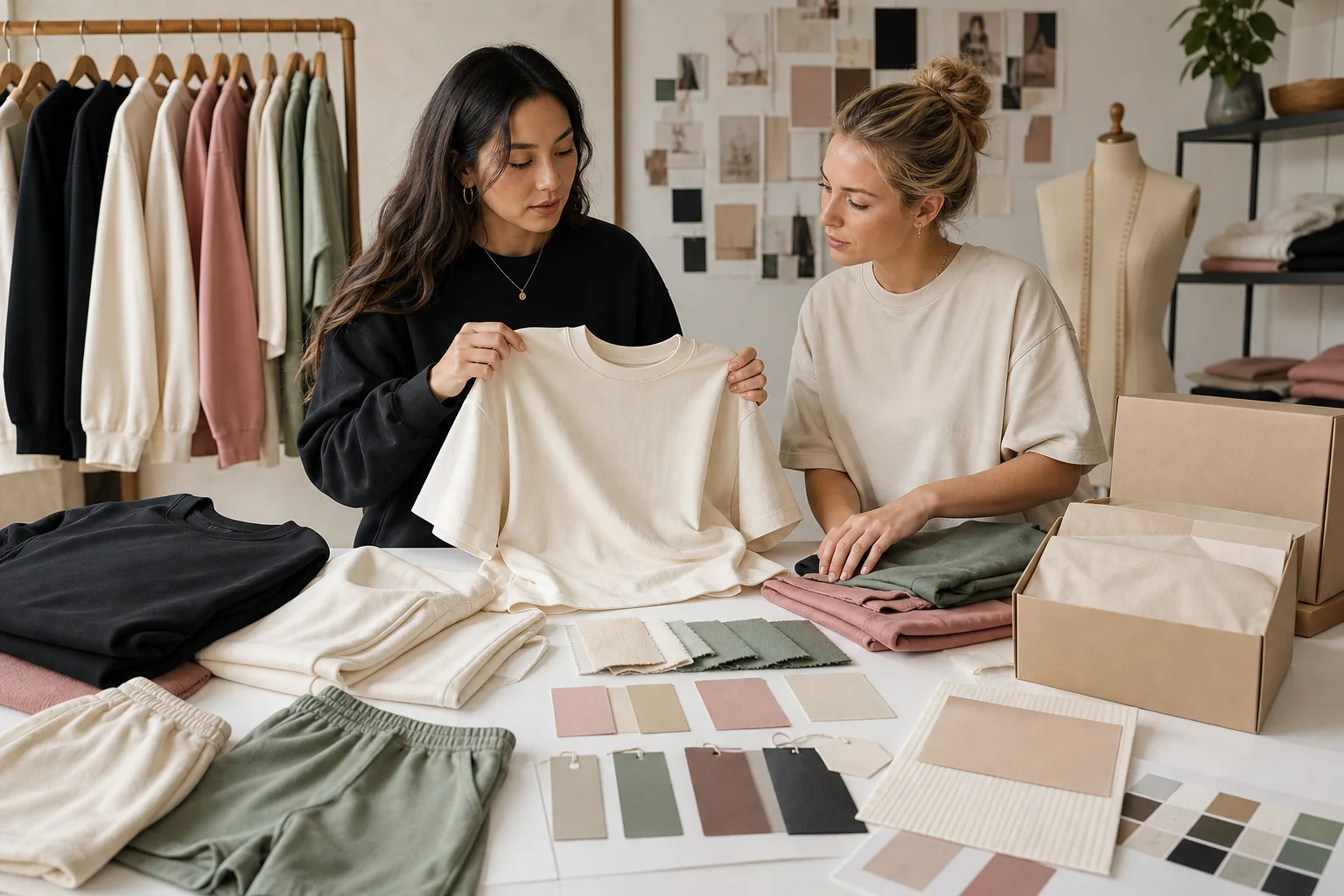 Fashion Boutique Private Label Manufacturer buyers reviewing T-shirt styles, colors and decoration
