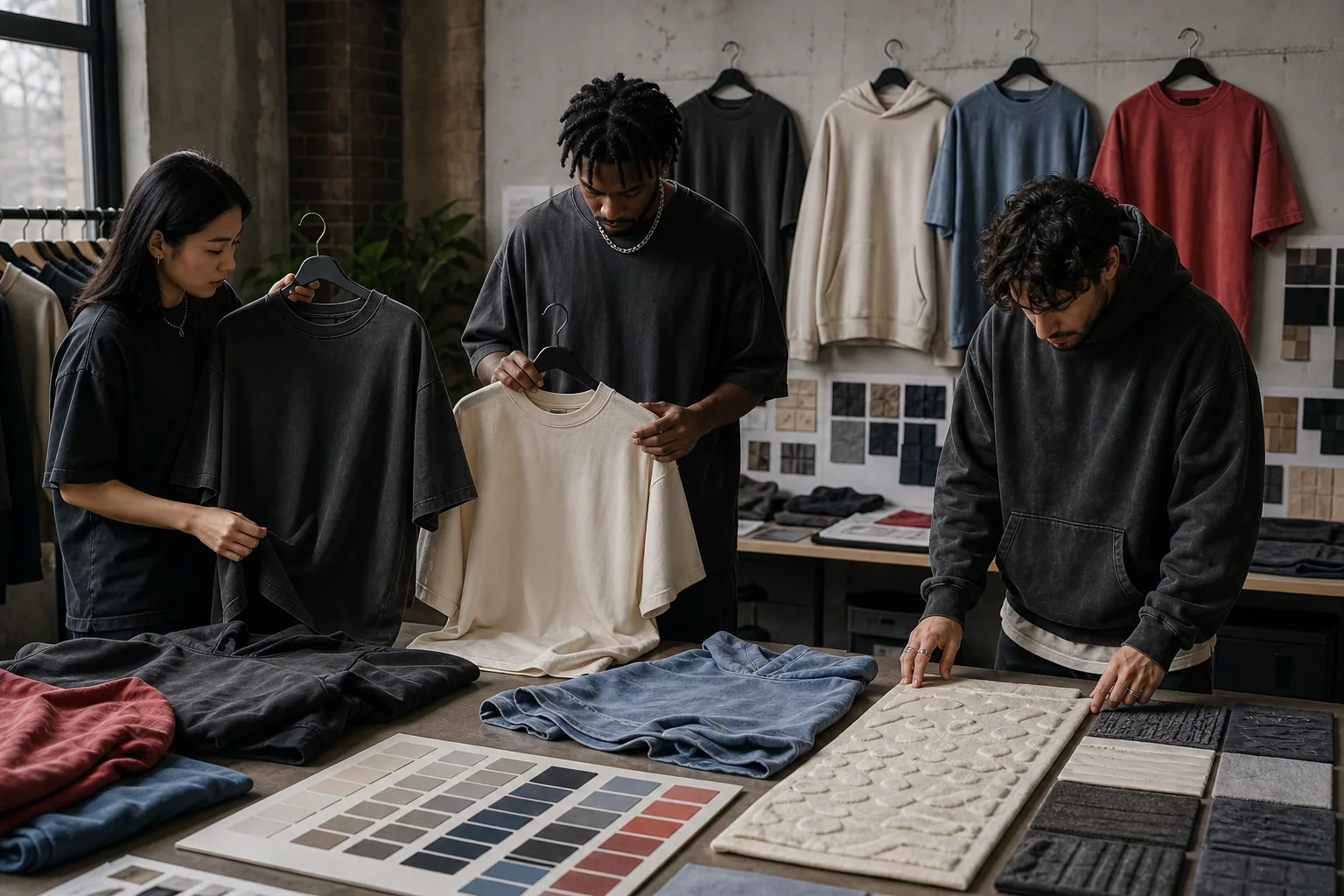 Streetwear Brand Apparel Manufacturer buyers reviewing T-shirt styles, colors and decoration