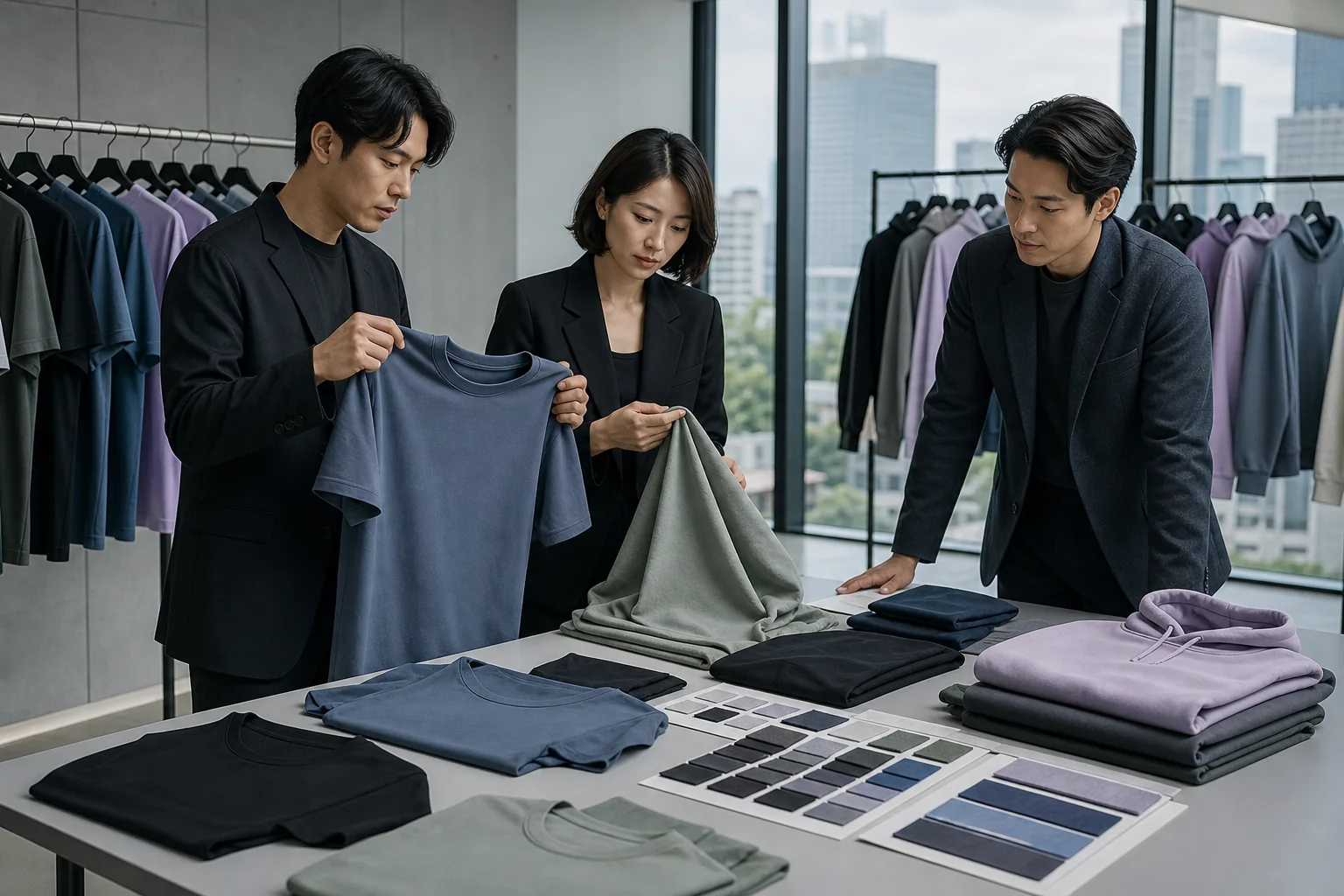 Custom Hoodie Supplier in Korea buyers reviewing locally relevant T-shirt fits and colors