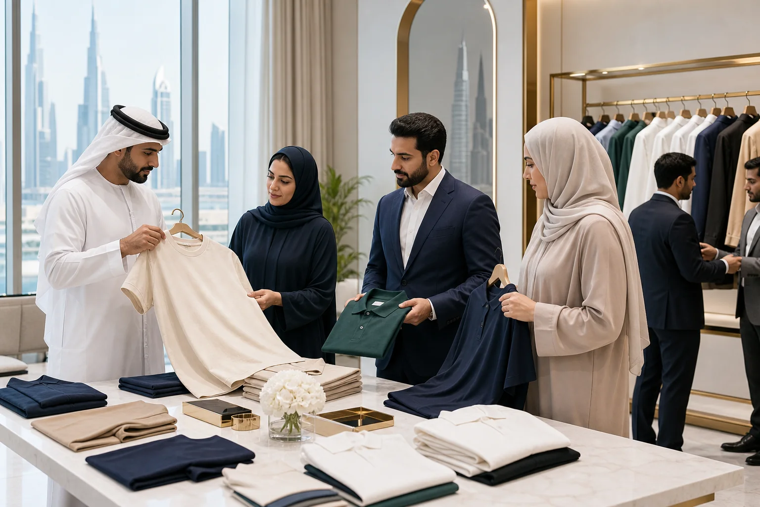 Custom Uniform T-Shirt Supplier in Dubai buyers reviewing locally relevant T-shirt fits and colors
