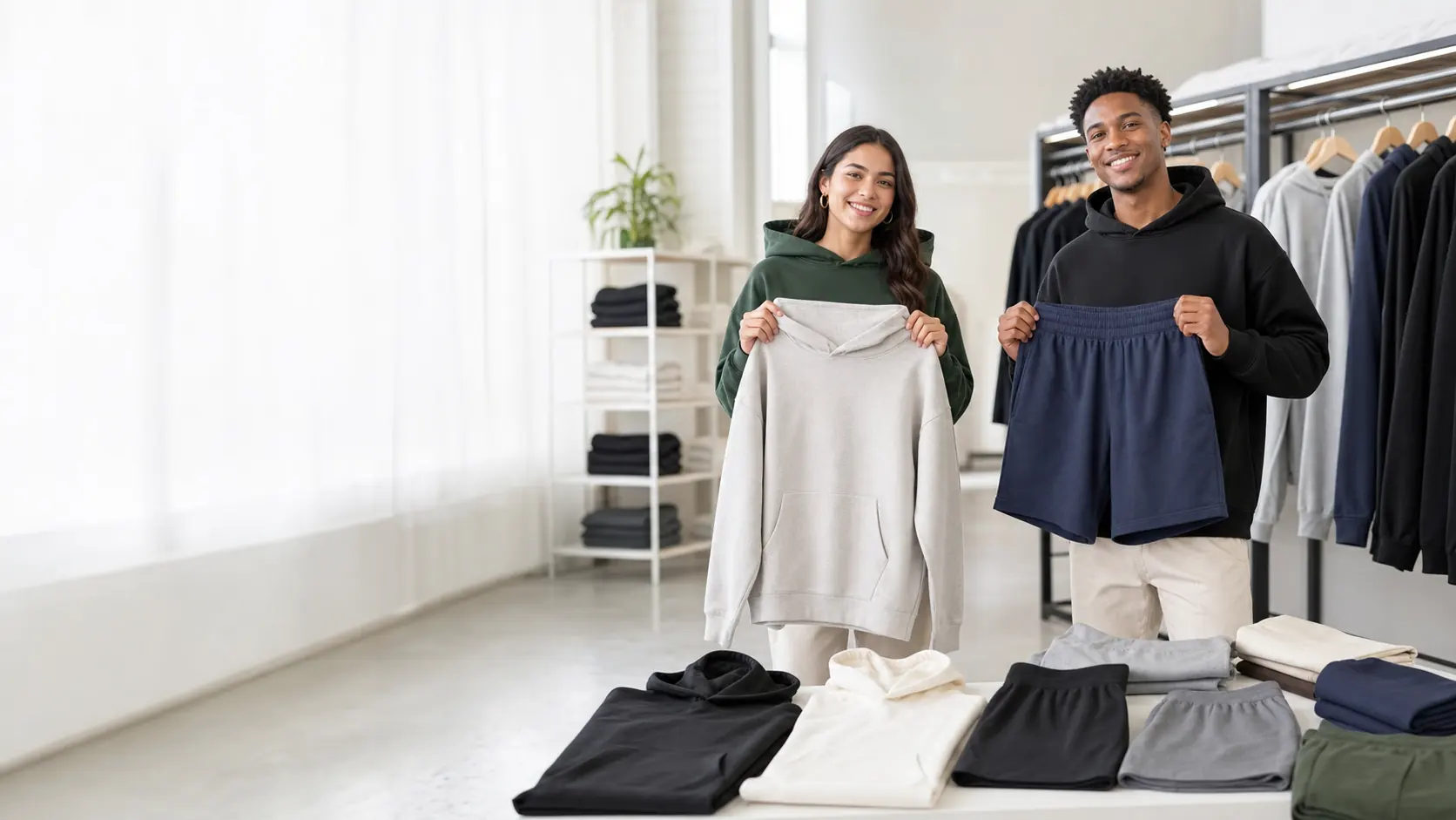 Young apparel team presenting hoodies and shorts