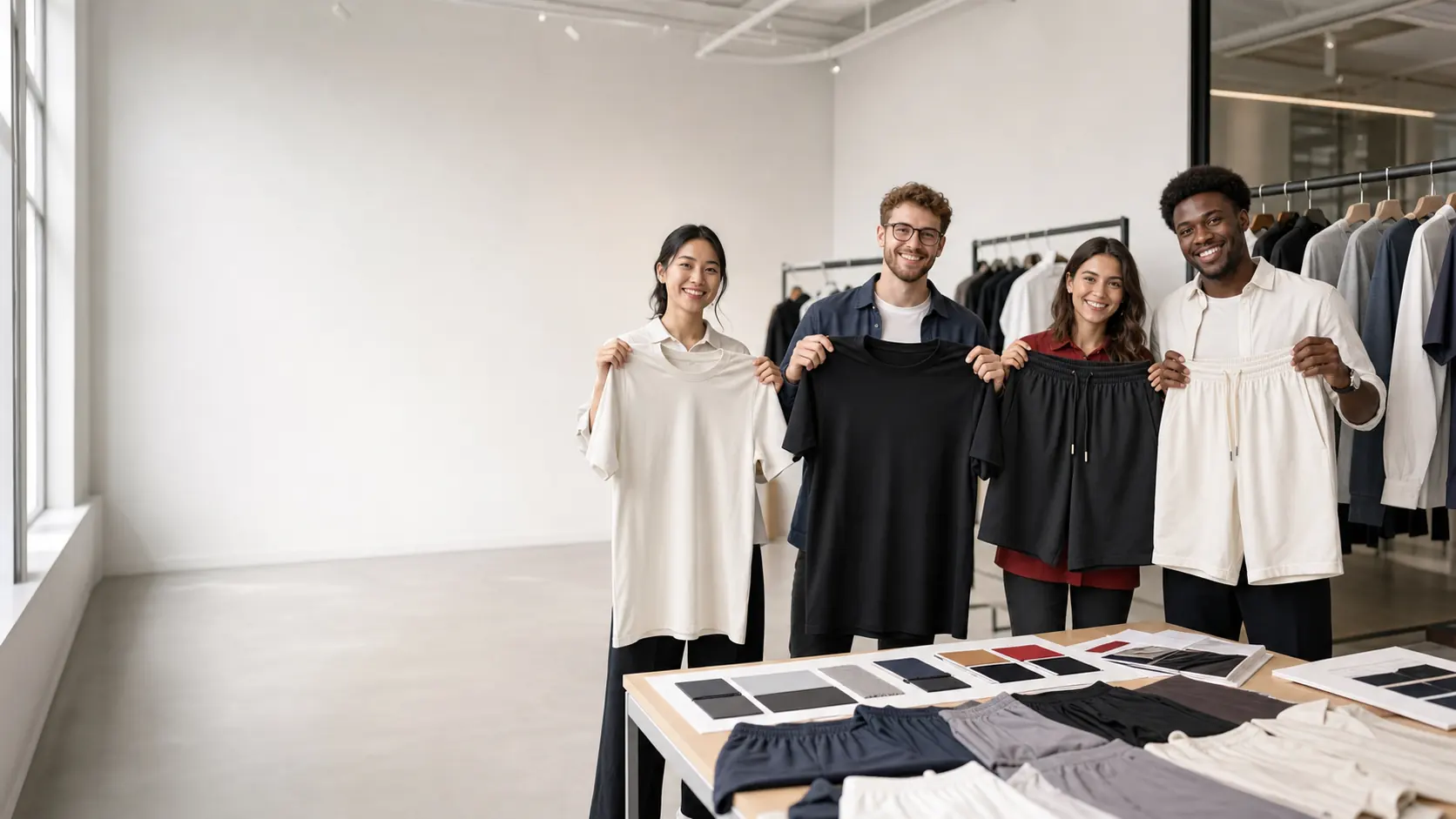 Young apparel team presenting custom T-shirts and shorts