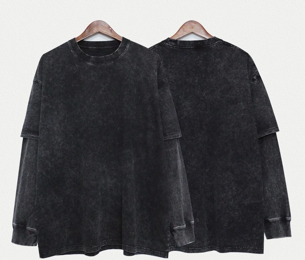 240gsm washed layered manga larga camiseta