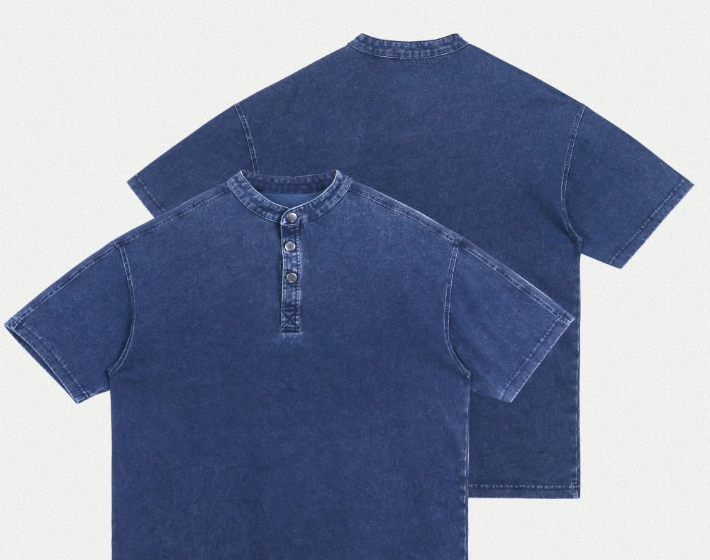 240gsm indigo washed Henley camiseta