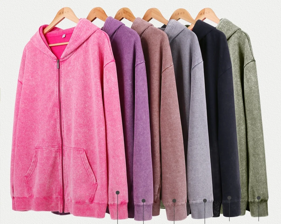 400gsm gruesa washed full-con cremallera hoodie