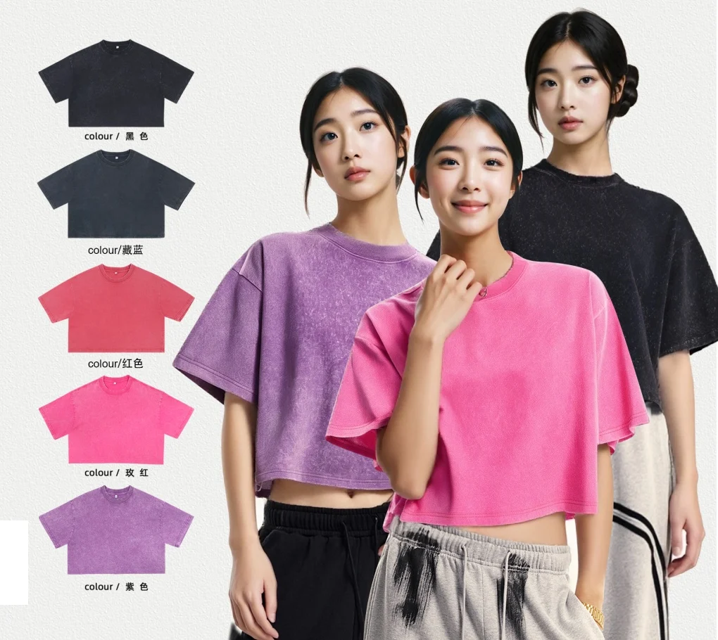 240gsm washed algodón women's cropped camiseta