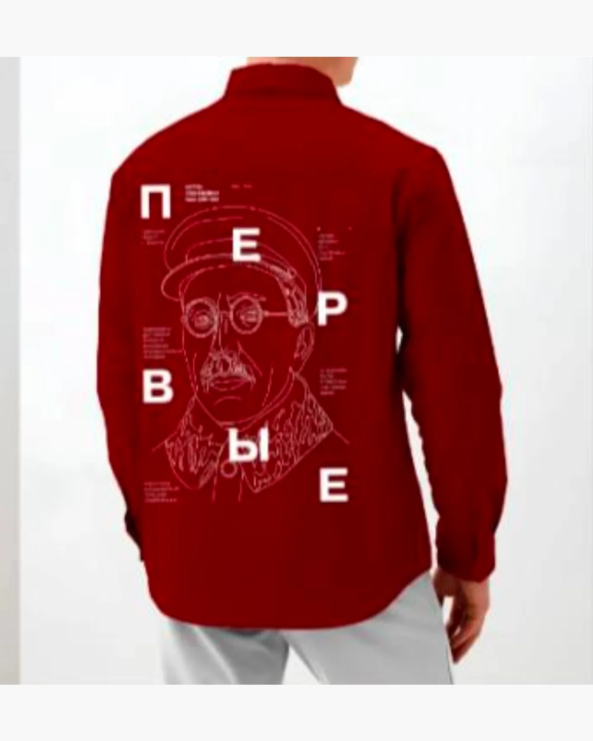 Back view of relaxed red long-sleeve overshirt with oversized graphic print