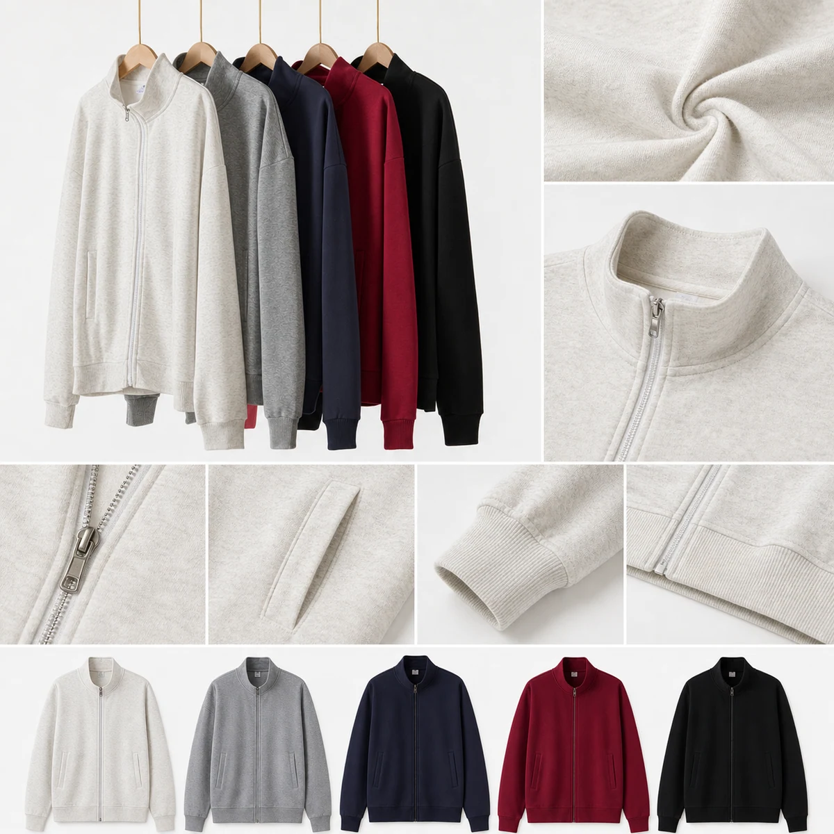 Cotton stand-collar full-zip sweatshirt jacket details