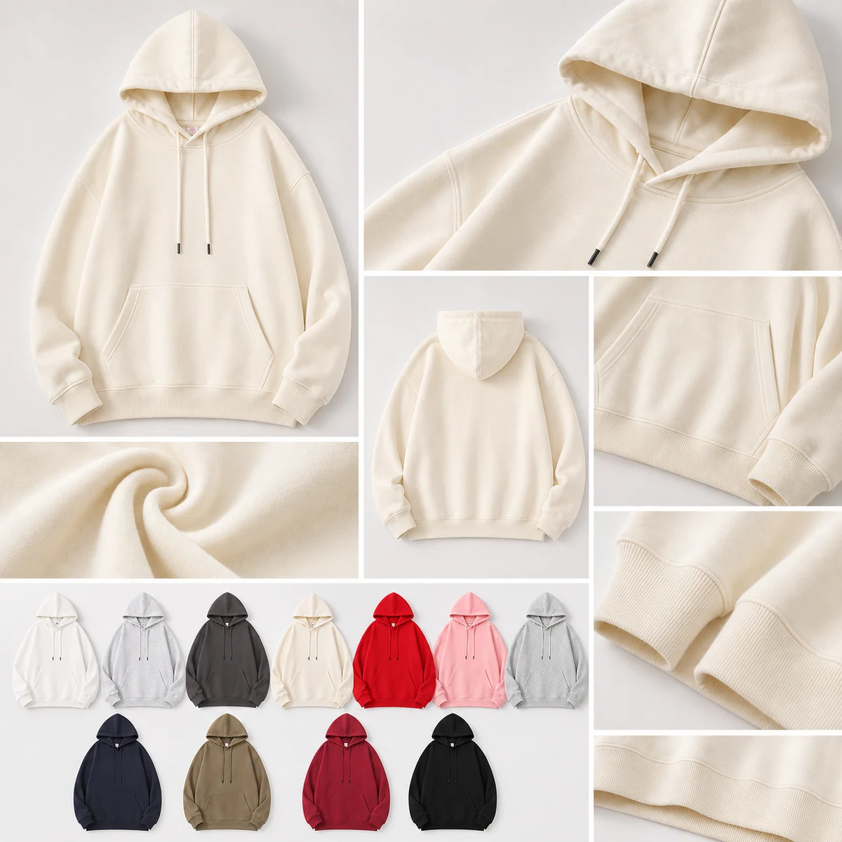 330gsm cotton drop-shoulder pullover hoodie colors and construction