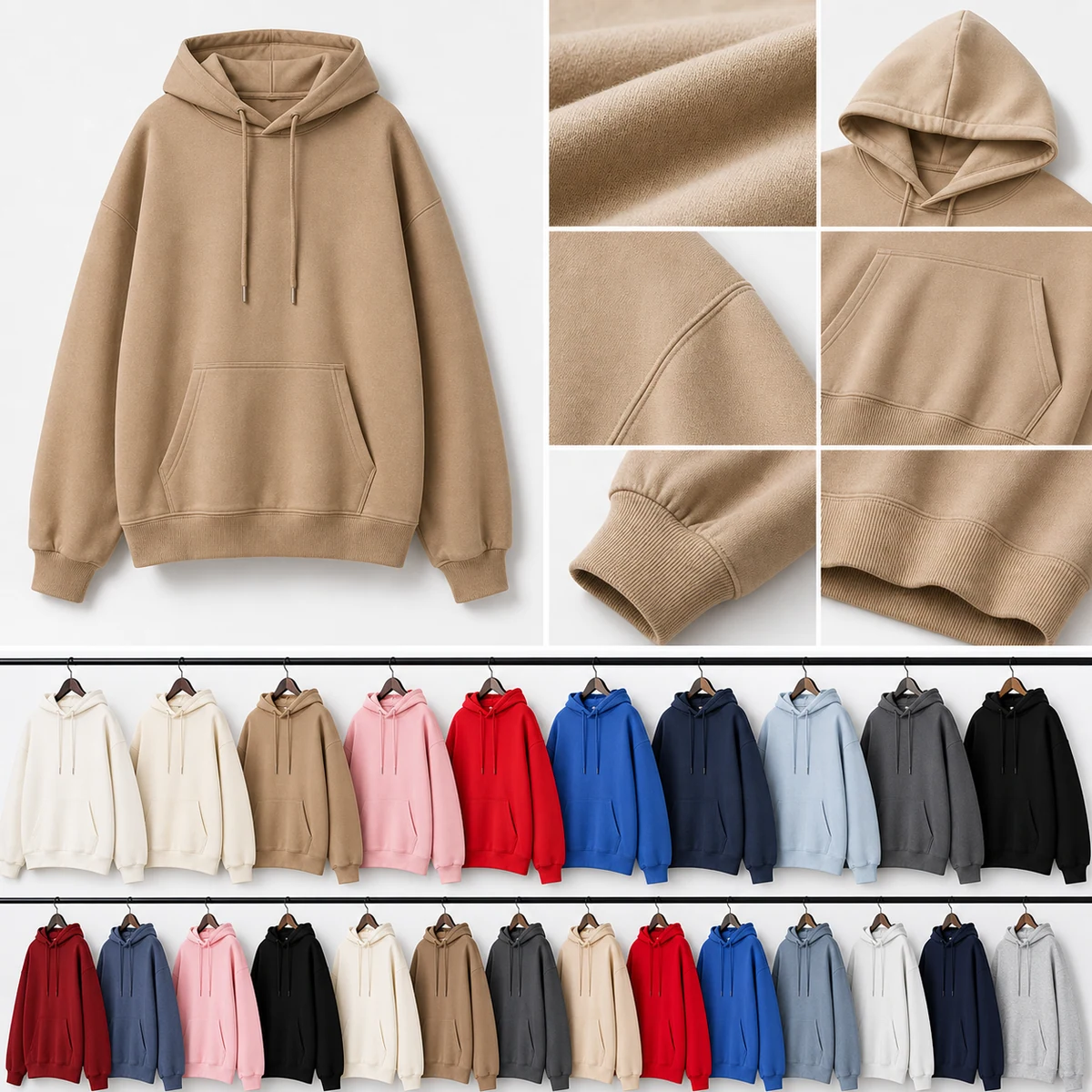 350gsm cotton and milk-silk bonded drop-shoulder hoodie details
