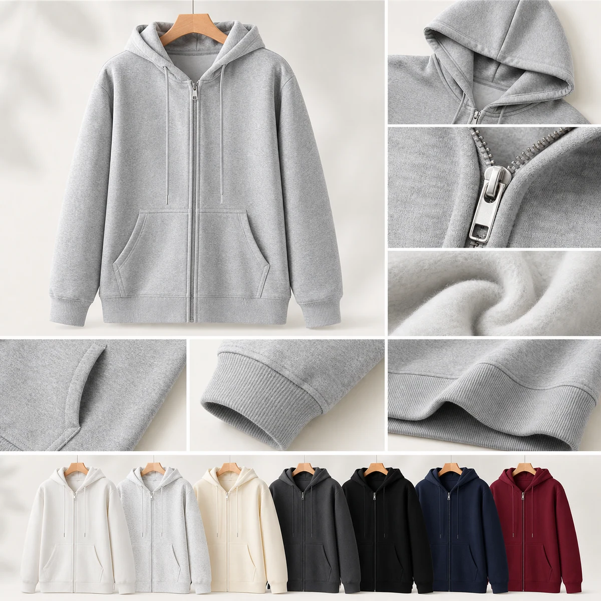 350gsm cotton fleece-lined full-zip hoodie colors and construction
