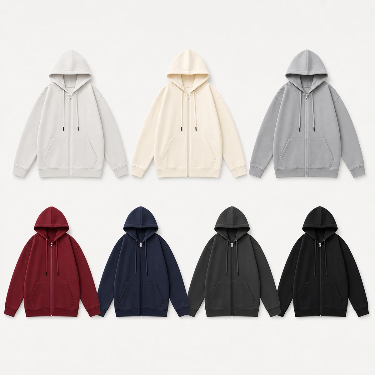 350gsm cotton fleece-lined full-zip hoodie jacket made with Cotton sweatshirt fabric with fleece lining, 350gsm; exact fiber ratio subject to approved sample for Hoodies & Sweatshirts OEM customization using Full zipper customization, screen print, embroidery, heat transfer, private label