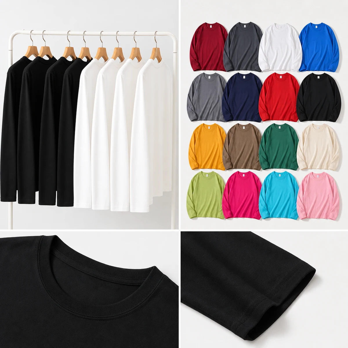 220gsm heavyweight combed cotton long-sleeve T-shirt color and construction details