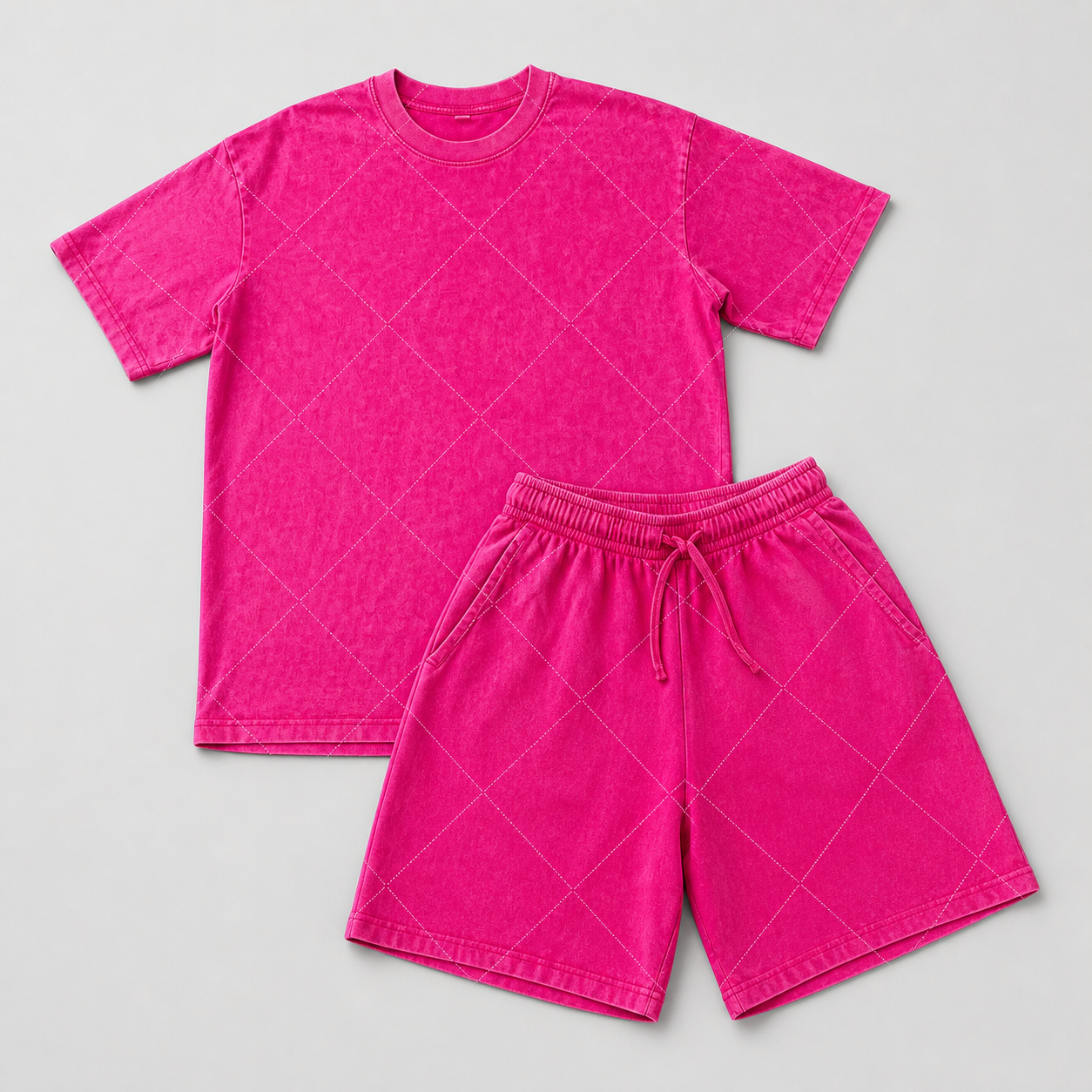 Fuchsia washed diamond-stitch T-shirt and shorts set