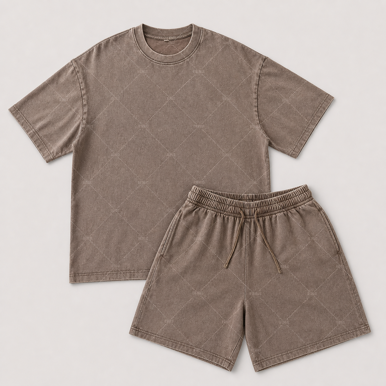 Taupe washed diamond-stitch T-shirt and shorts set